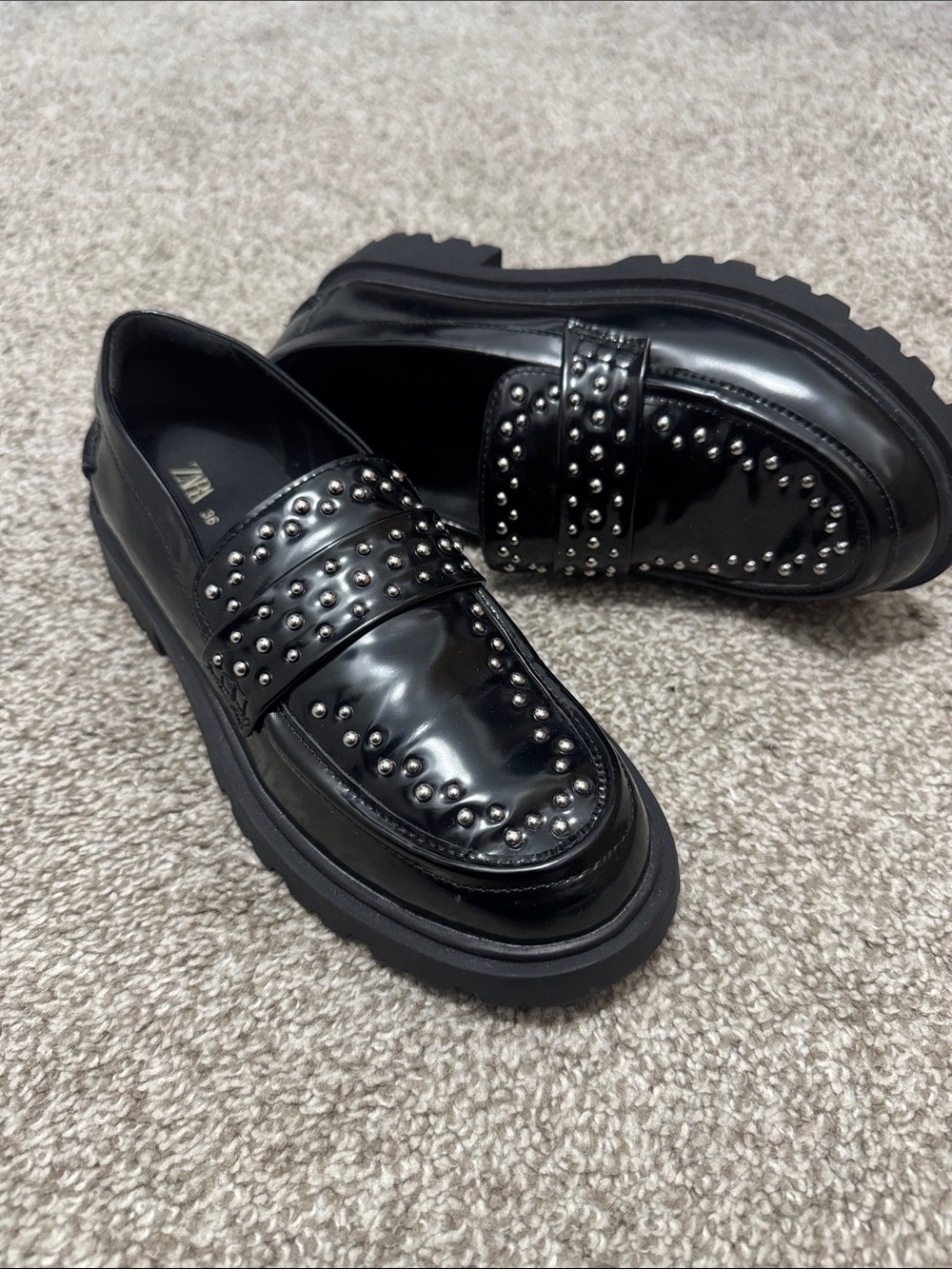 Zara Black Patent Studded Lug-Soled Loafers